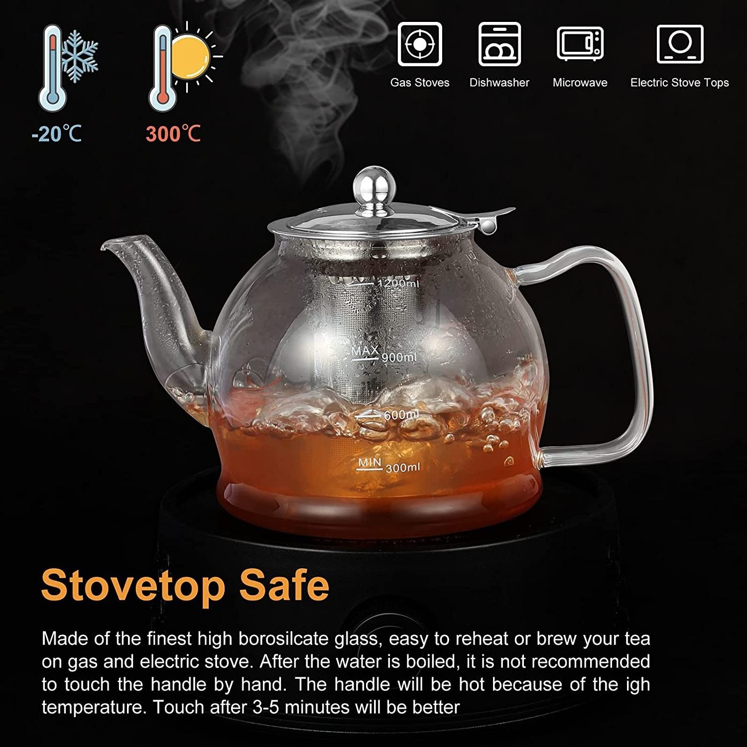 Glass Teapot Stovetop Borosilicate Clear Tea Kettle Teapot Blooming Loose Leaf Tea Maker Tea Brewer