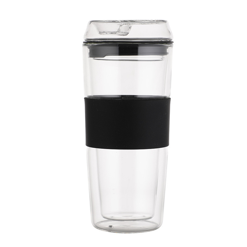 400Ml Double Walled Glass Coffee Mugs Reusable Glass Iced Travel Coffee Cups with Silicone Lids