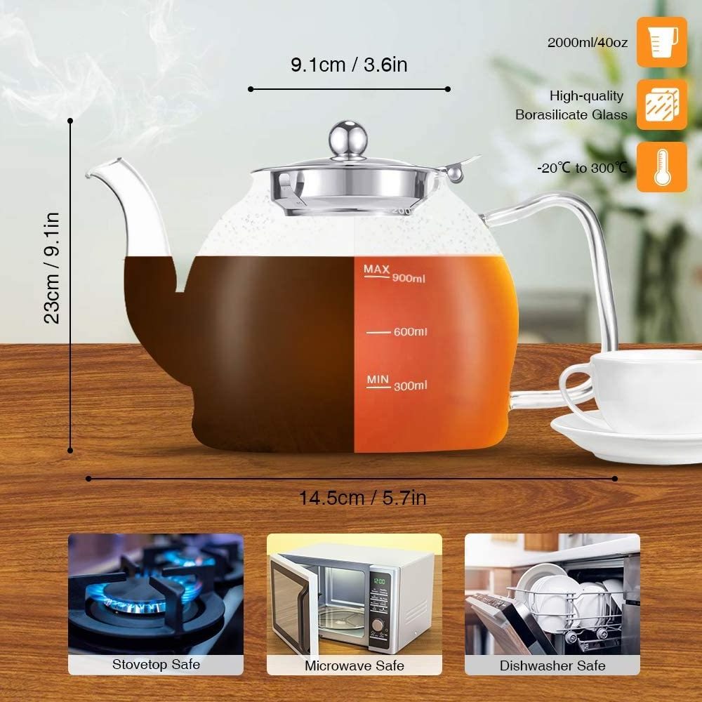 1L Stovetop Safe Large Tea Pot Loose Leaf Tea Brewer Borosilicate Glass Tea Pot with Removable Stainless Steel Strainer