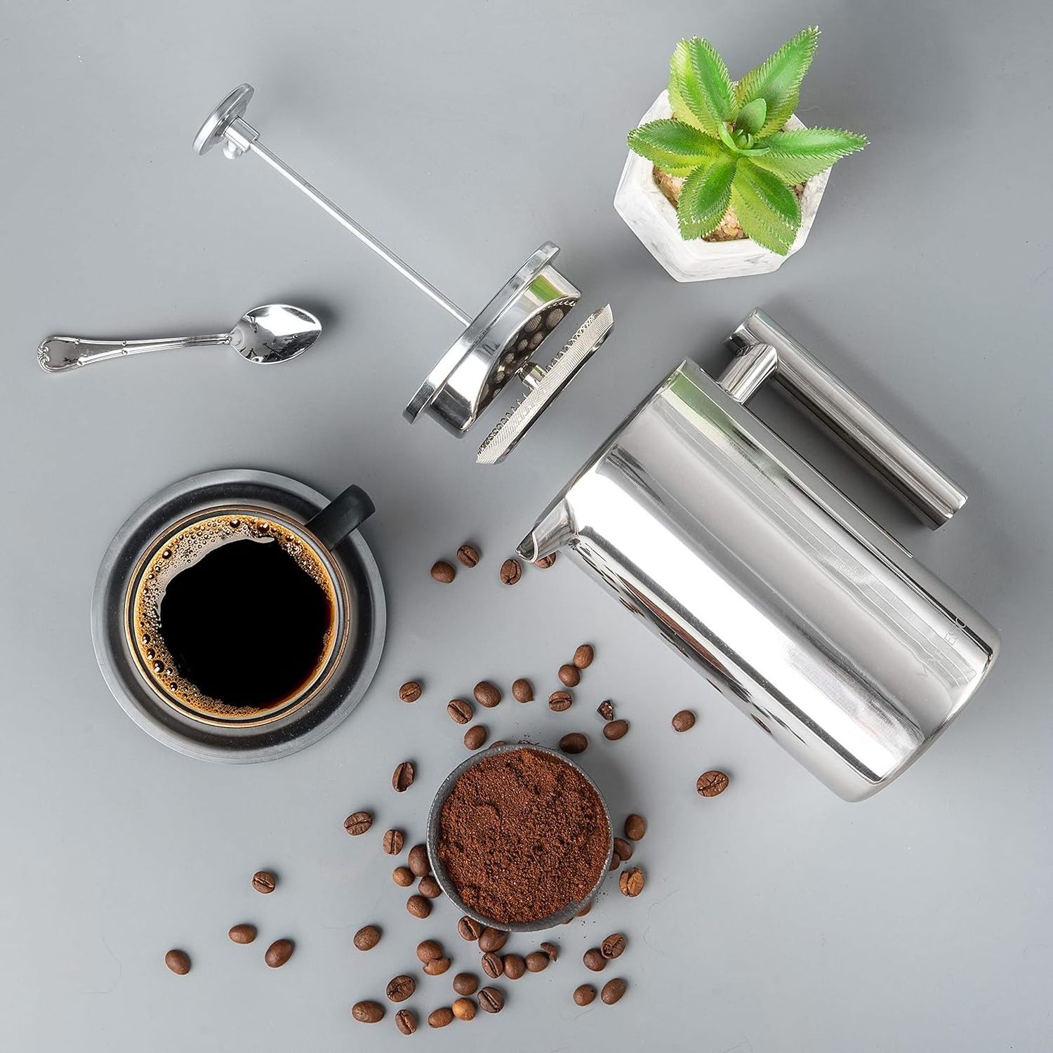 Silver French Press Coffee Maker 304 Grade Stainless Steel Insulated Coffee Press Unbreakable Portable Coffee Plunger