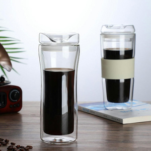 400Ml Double Walled Glass Coffee Mugs Reusable Glass Iced Travel Coffee Cups with Silicone Lids