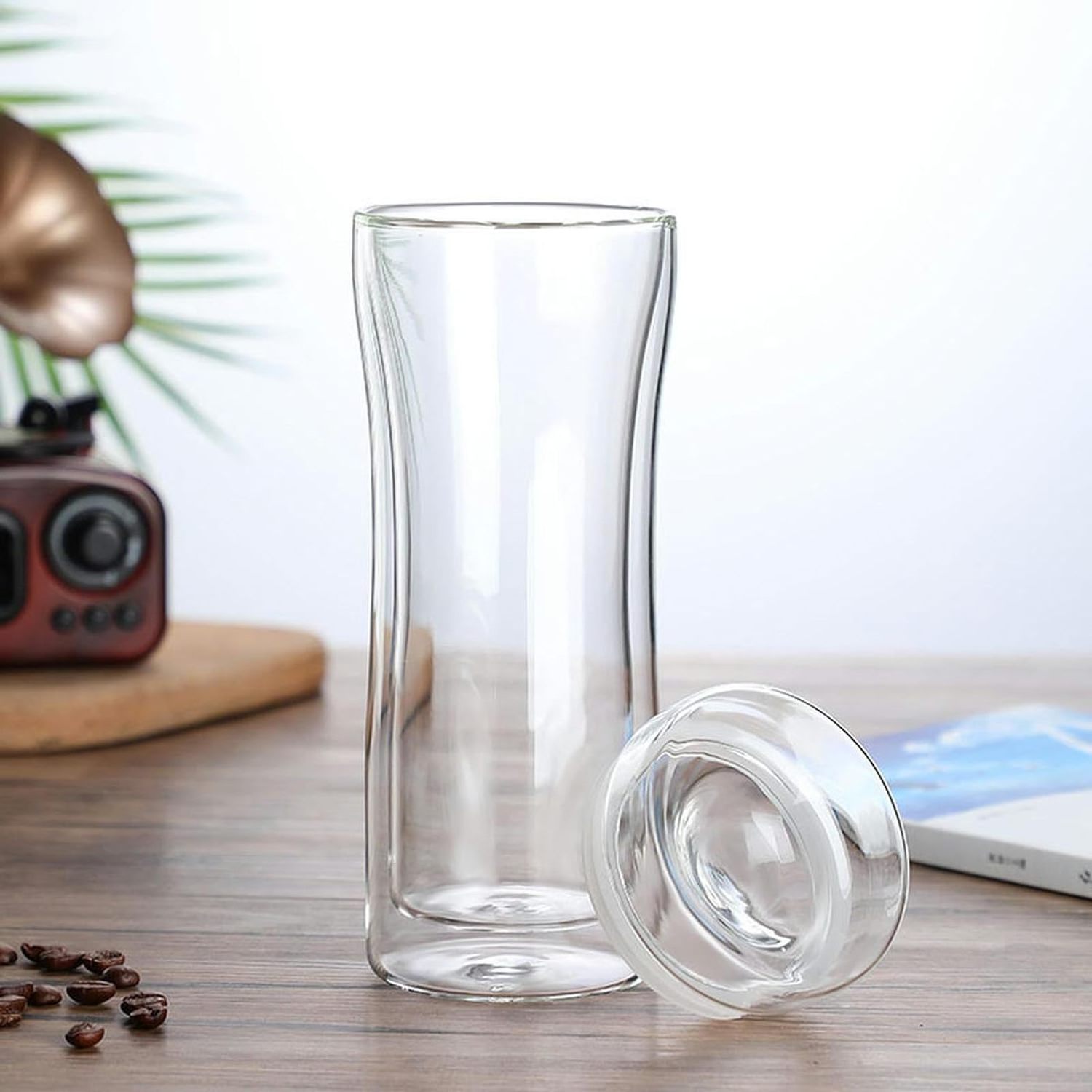 400Ml Double Walled Glass Coffee Mugs Reusable Glass Iced Travel Coffee Cups with Silicone Lids