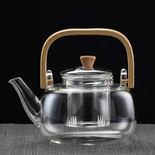 1 Liter Heat Resistance Hand Craft Clear Loose Leaf Teapot Bamboo Wood Handle Borosilicate Glass Tea Kettle with Infuser