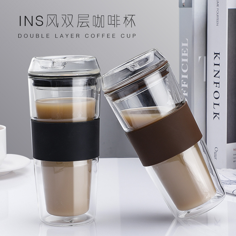 400Ml Double Walled Glass Coffee Mugs Reusable Glass Iced Travel Coffee Cups with Silicone Lids