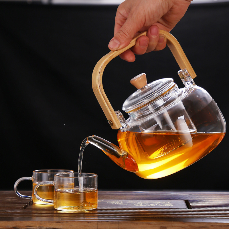 1 Liter Heat Resistance Hand Craft Clear Loose Leaf Teapot Bamboo Wood Handle Borosilicate Glass Tea Kettle with Infuser