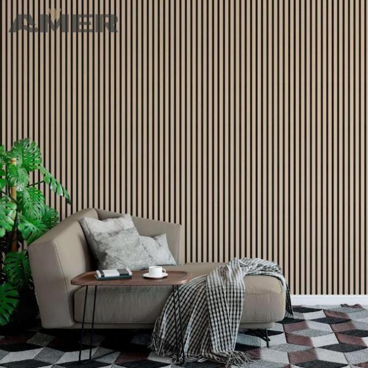 Amer  gray wood textured accent portable wooden panels pet mdf  acoustic slat wall wood panel 4 x 8 design art 2.5 meter