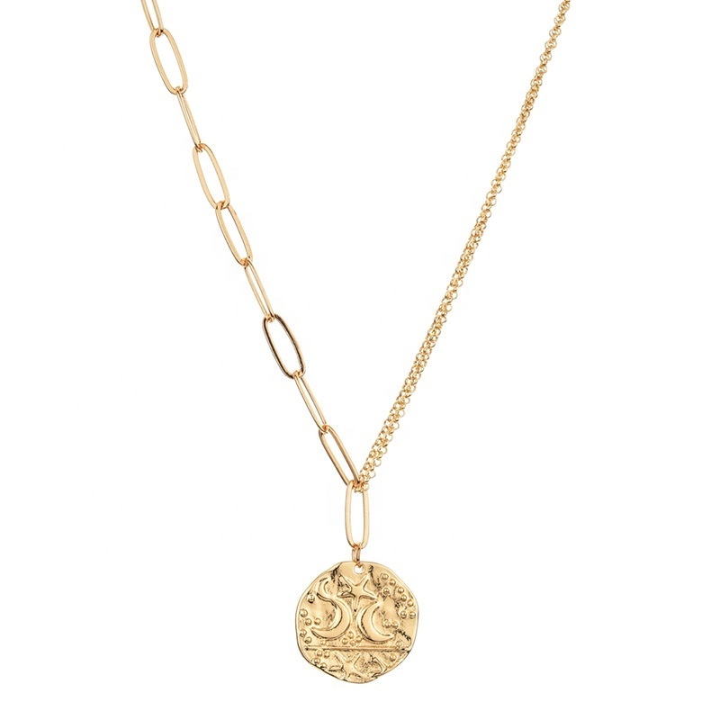 PUSHI new gold medal moon and star OT buckle pendant necklace clavicle chain jewelry women