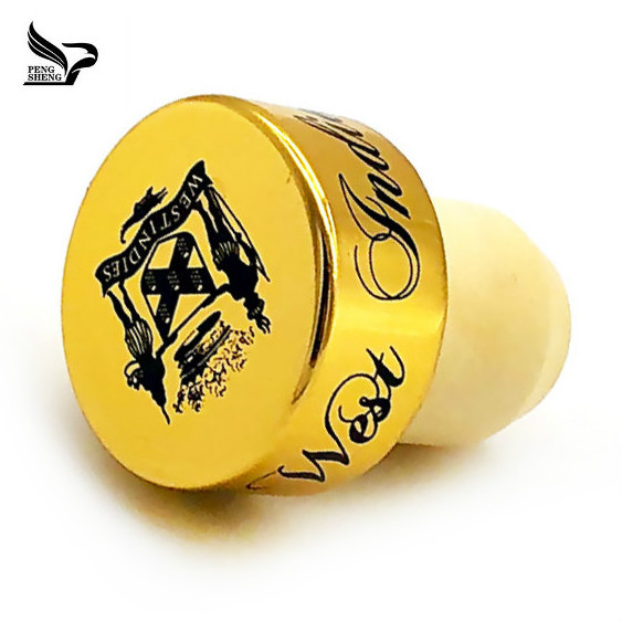 customized Golden-black logo aluminum cap cork stoppers decorative high polymer engraved wine stopper