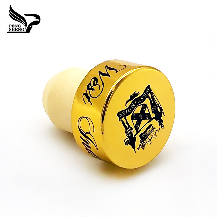 customized Golden-black logo aluminum cap cork stoppers decorative high polymer engraved wine stopper