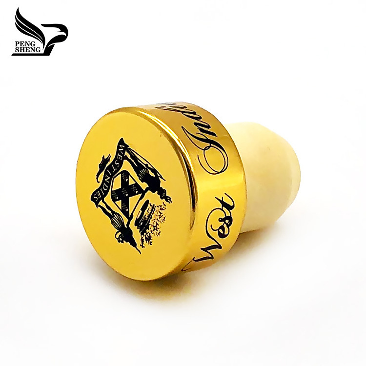 customized Golden-black logo aluminum cap cork stoppers decorative high polymer engraved wine stopper