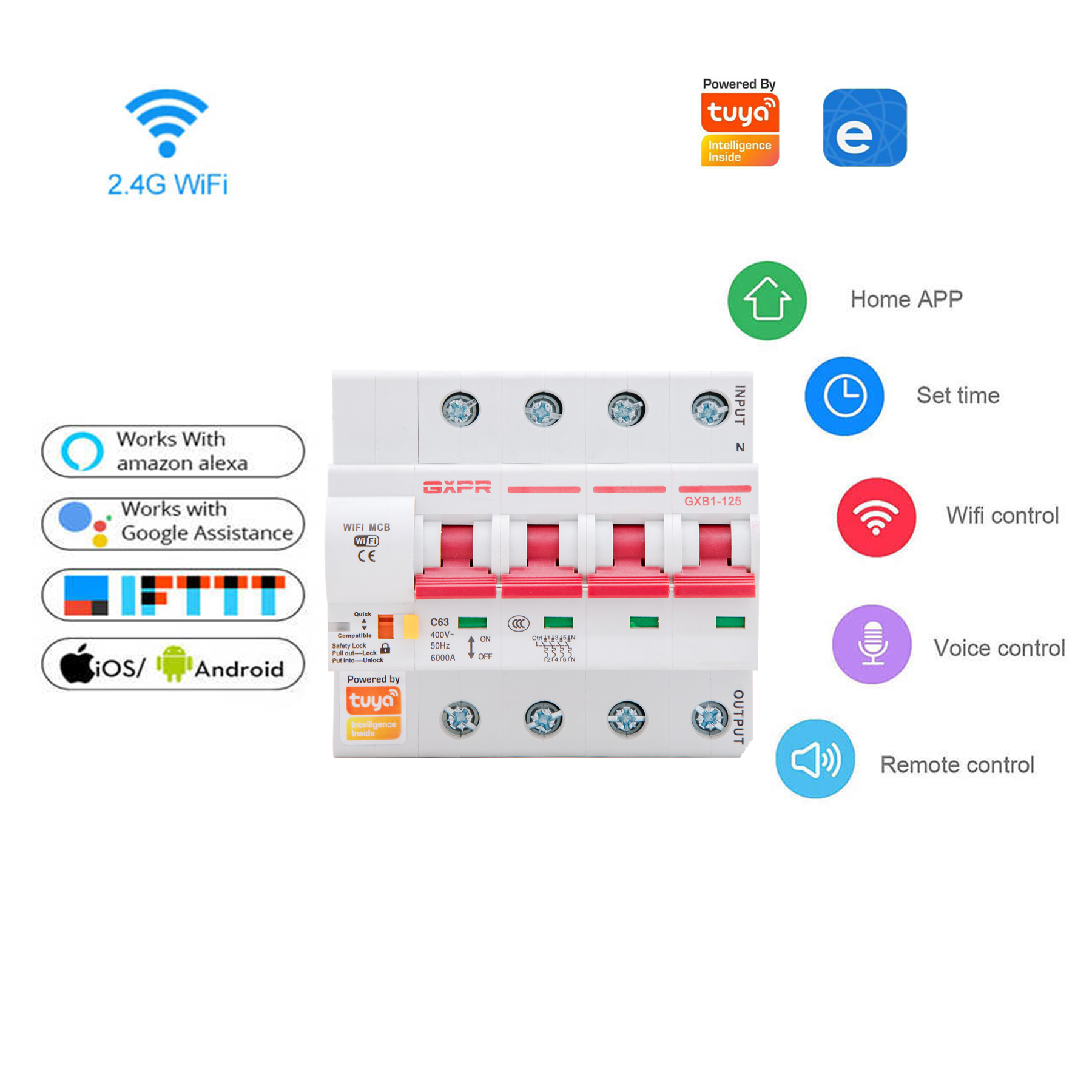 GXPR GXB1-125 Tuya APP Smart wifi controlled breaker circuits 4p voice  Smart Alexa  Google Home mcb circuit breakers