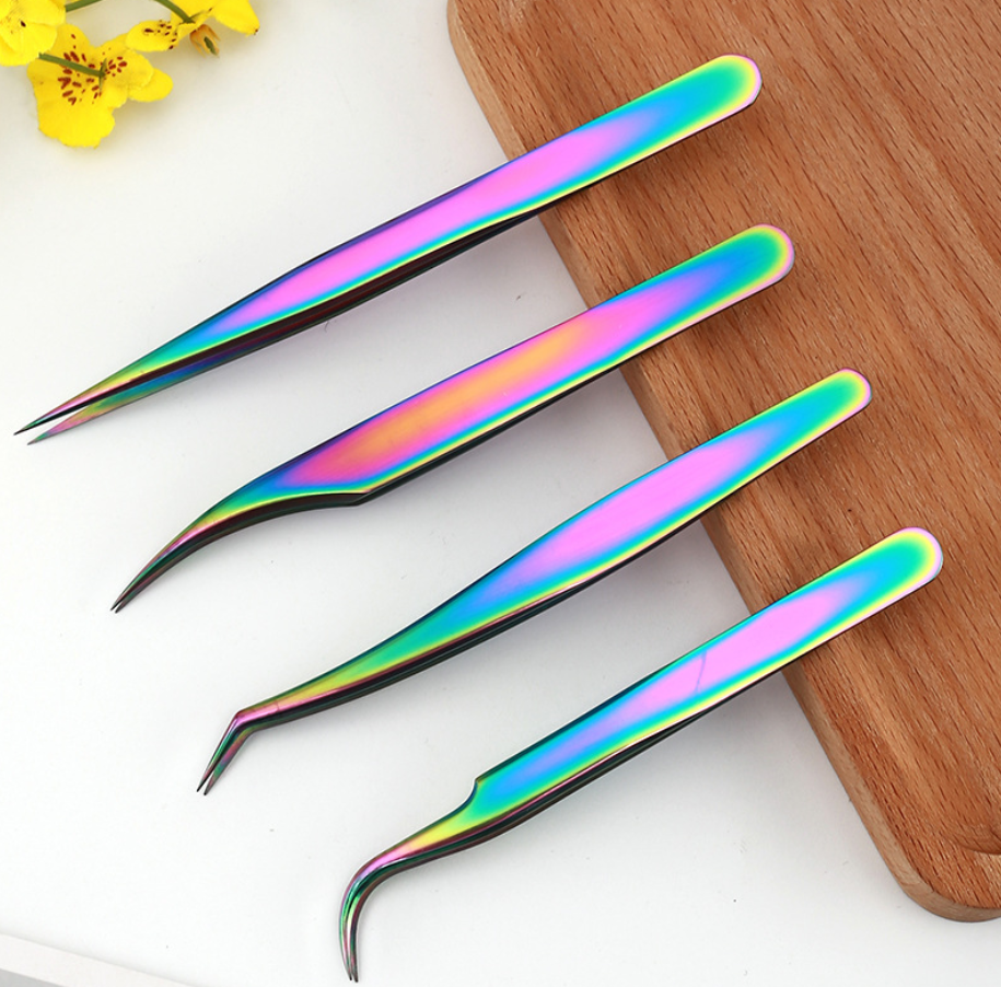 Nice Packing Eyelash Tweezers Eyebrow Clamp Beauty Nail tweezers Stainless Steel Color Titanium Gold Feather Clip set of 4pcs