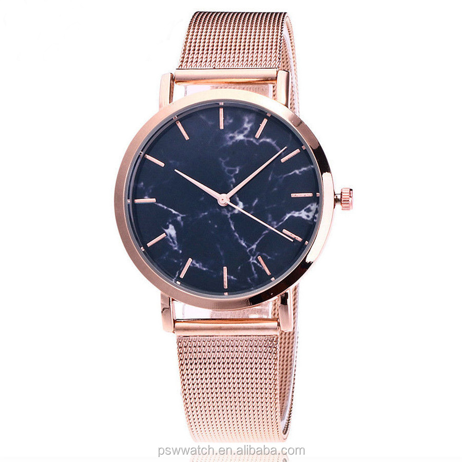 Stainless Steel Back Water Resistant Mesh Band Marble Watch Ladies