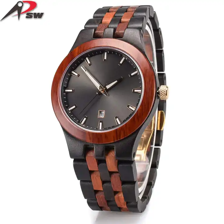 Elegant black sandal combined red sandal wooden watch for men japan movement chronograph men time pieces