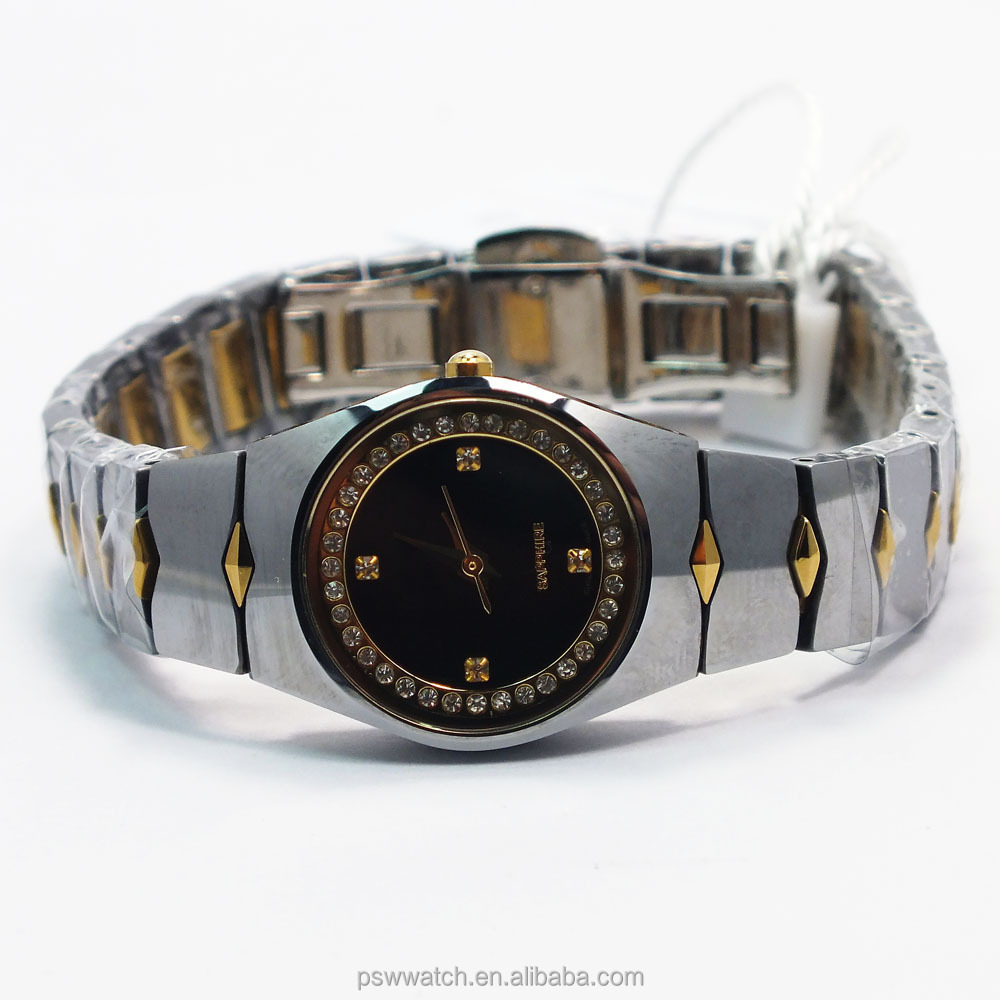 Stainless Steel Gold Plated Sapphire Women Tungsten Watch