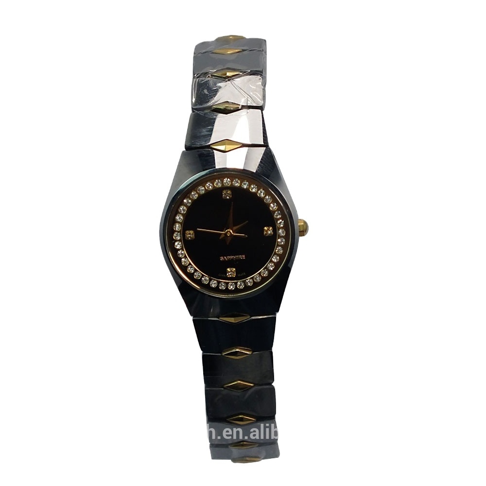 Stainless Steel Gold Plated Sapphire Women Tungsten Watch