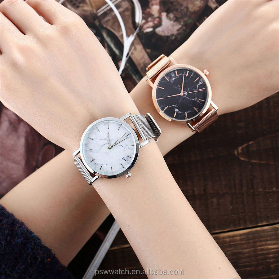 Stainless Steel Back Water Resistant Mesh Band Marble Watch Ladies