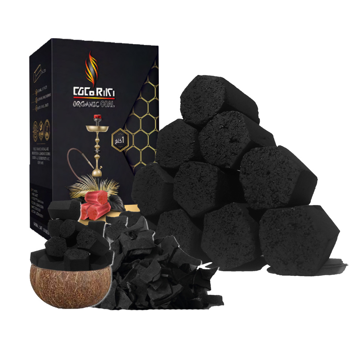 Hexagon Coconut Charcoal Briquette for Shisha Hookah Incense Premium Quality Coco Riki 100% Organic Coal