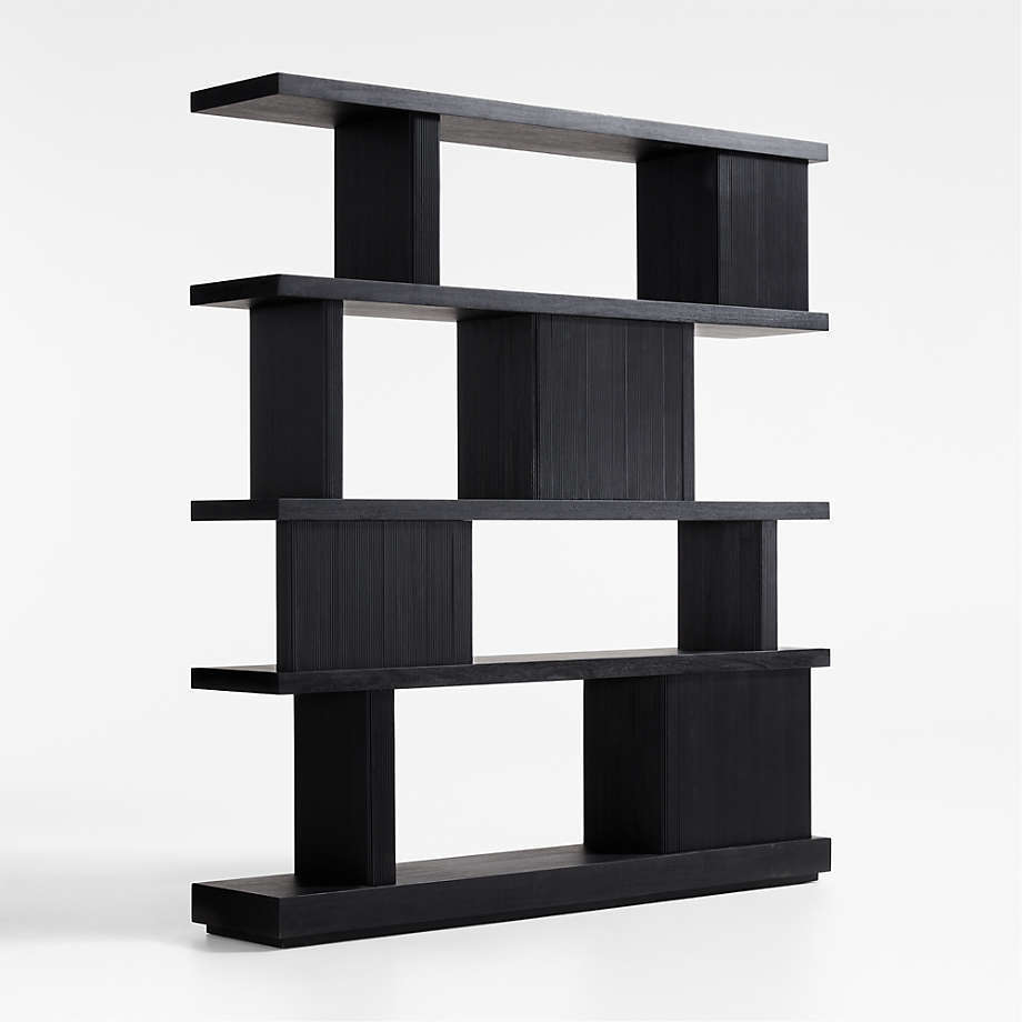 Shakira large bookcase made of solid teak wood with 4 shelves and charcoal black finish.