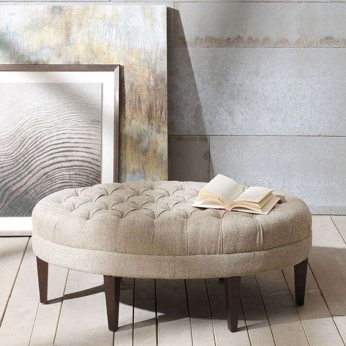 Zylak modern ottoman made from solid teak wood frame and thick linen fabric cushions with a cream walnut finish.