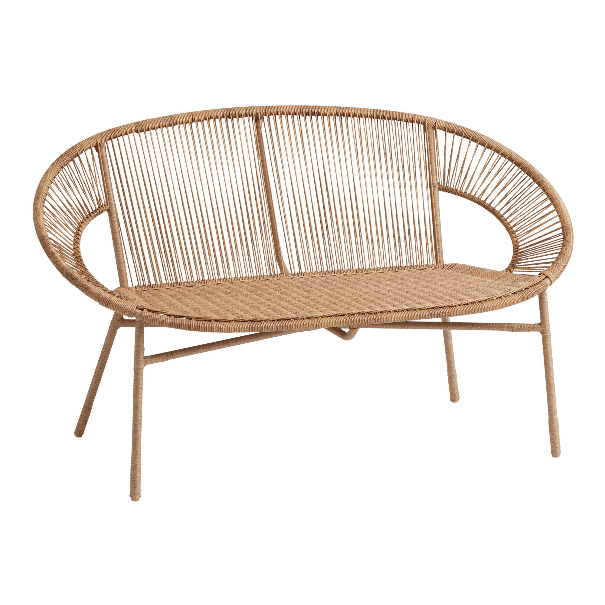 Sahira modern round outdoor bench made of aluminum frame and rattan wicker with natural finish.