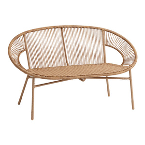 Sahira modern round outdoor bench made of aluminum frame and rattan wicker with natural finish.