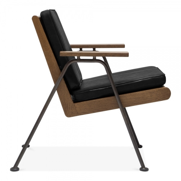 Eduardo solid wood lounge chair with aluminum leg frame and black leather seat.