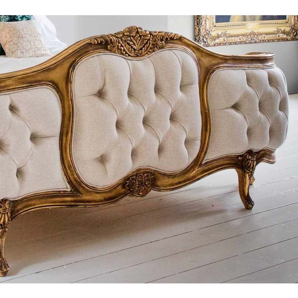 Palais de Versailles Linen Upholstered Bed Handmade and Hand-Carved French Style Bed with Gold Frame and Linen Upholstery