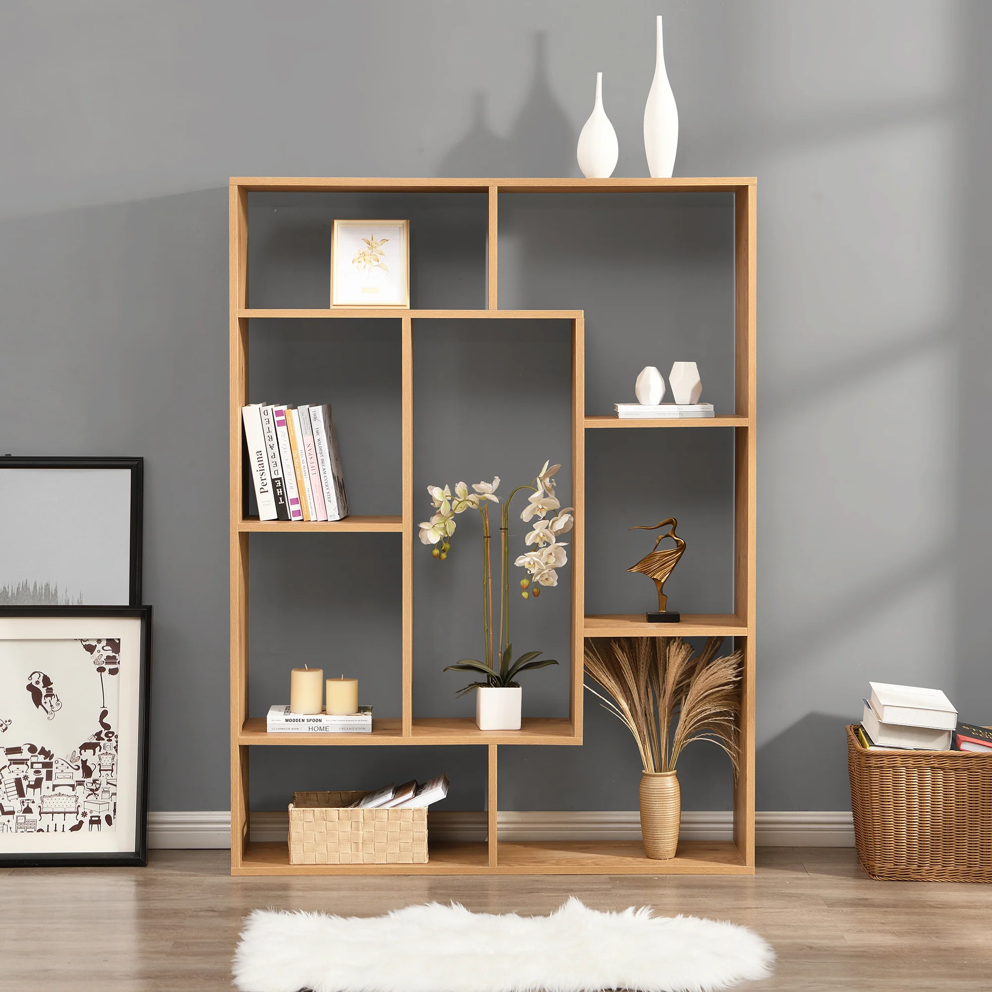 Devian Solid Wood Tall Bookcase / Display Shelving W/ Natural Finish