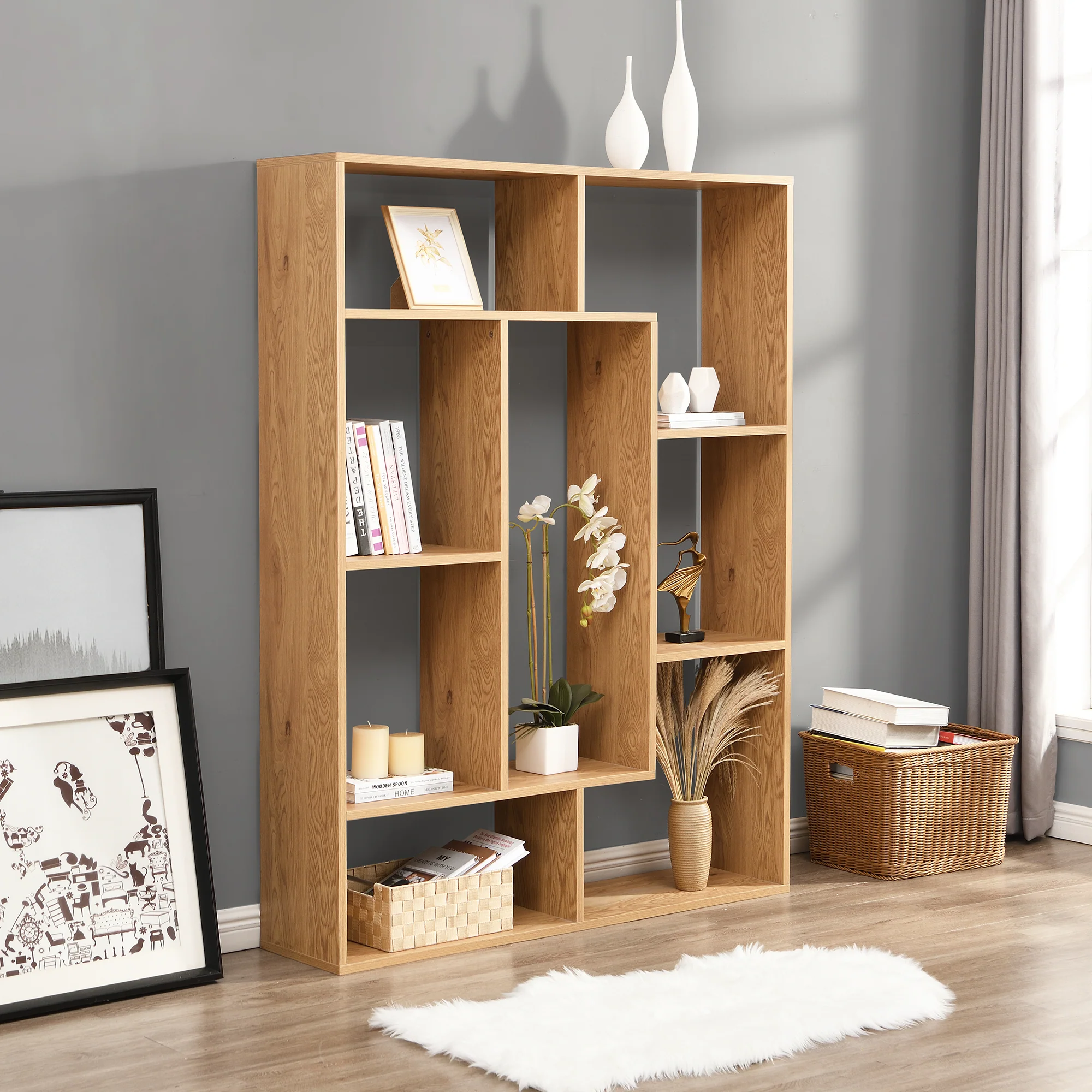 Devian Solid Wood Tall Bookcase / Display Shelving W/ Natural Finish