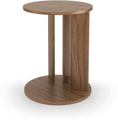 Zoe round side table made of solid teak wood with a glossy brown finish.