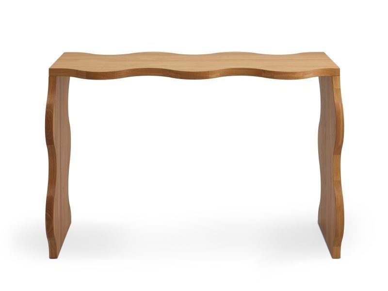 Agatha solid teak wood console table with a wavy shape with a natural finish.