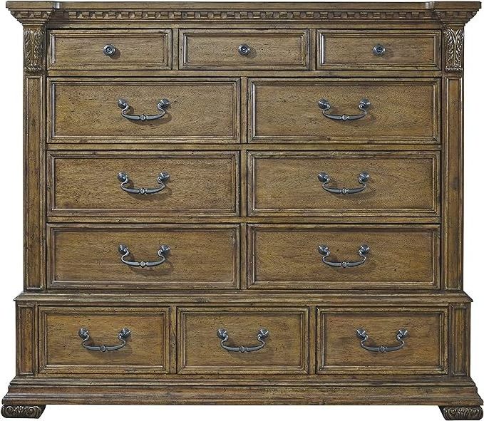 Jennie dresser made of solid mahogany wood with wood carvings and a natural brown finish.