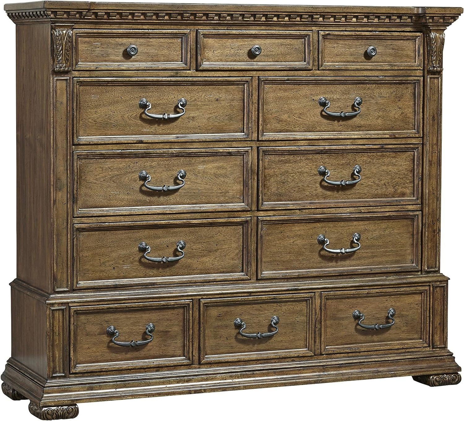 Jennie dresser made of solid mahogany wood with wood carvings and a natural brown finish.