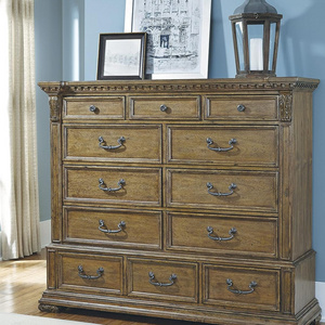 Jennie dresser made of solid mahogany wood with wood carvings and a natural brown finish.