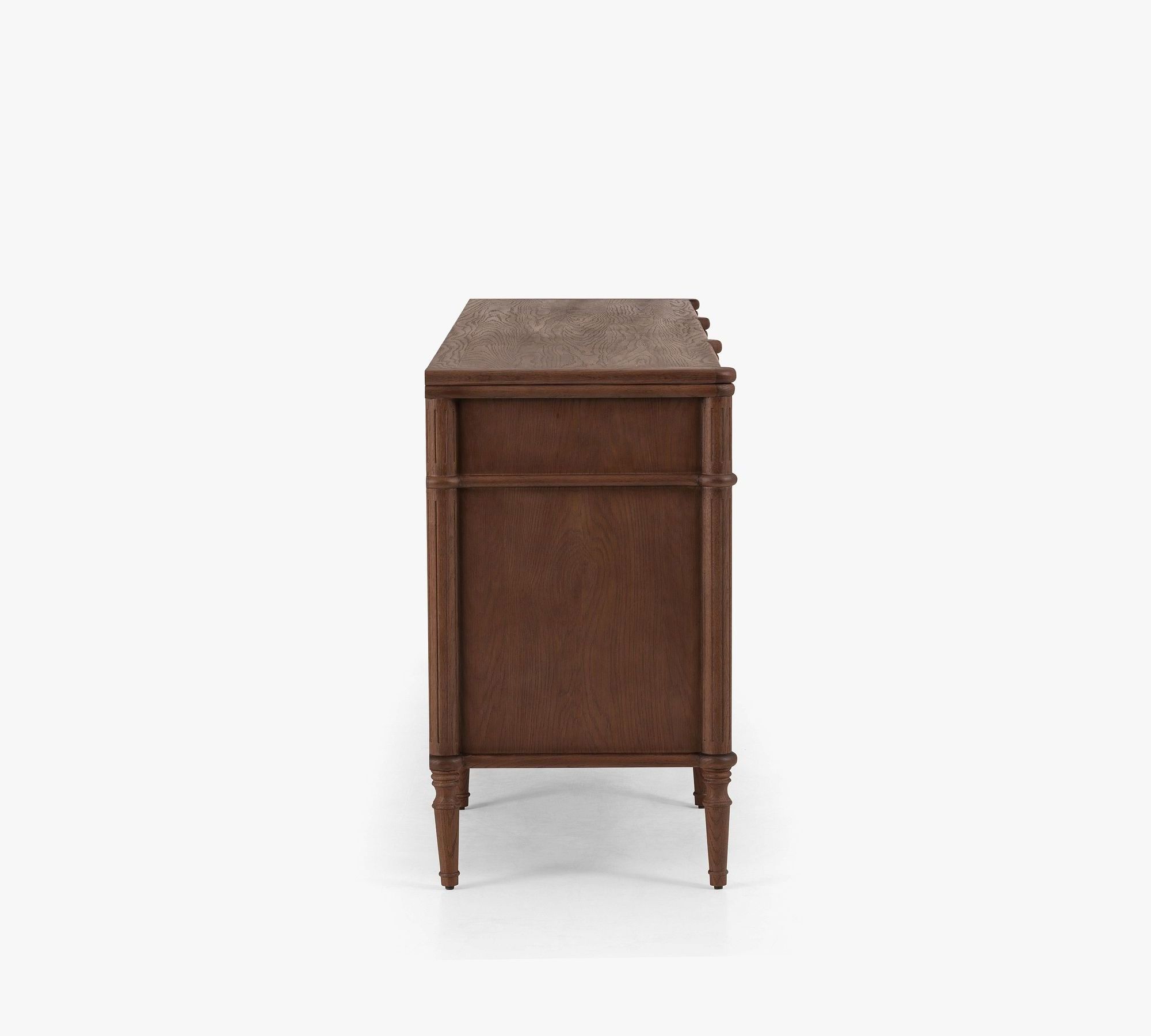 Dysta classic long dresser made of solid mahogany wood with wood carvings and walnut finish.