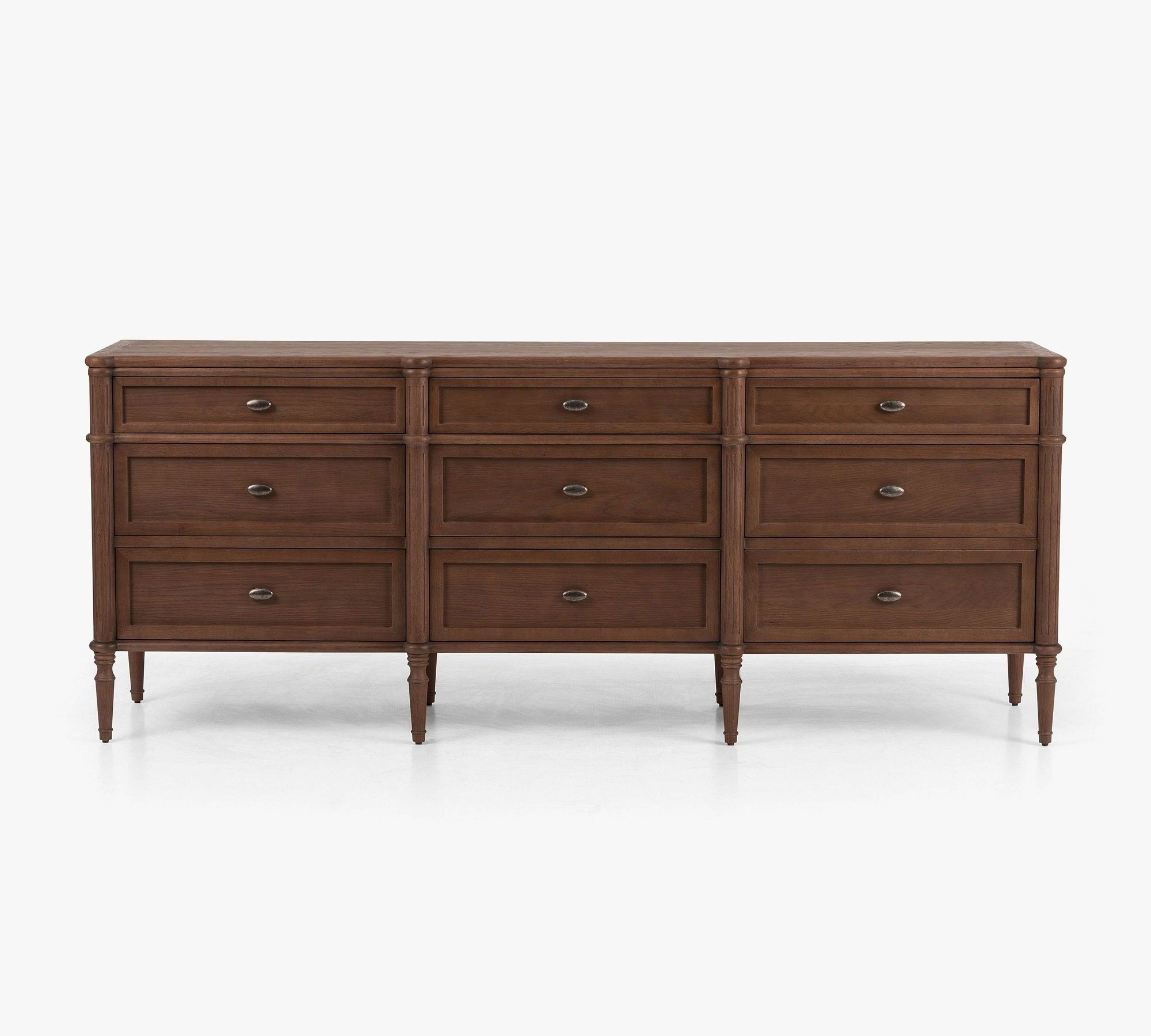 Dysta classic long dresser made of solid mahogany wood with wood carvings and walnut finish.