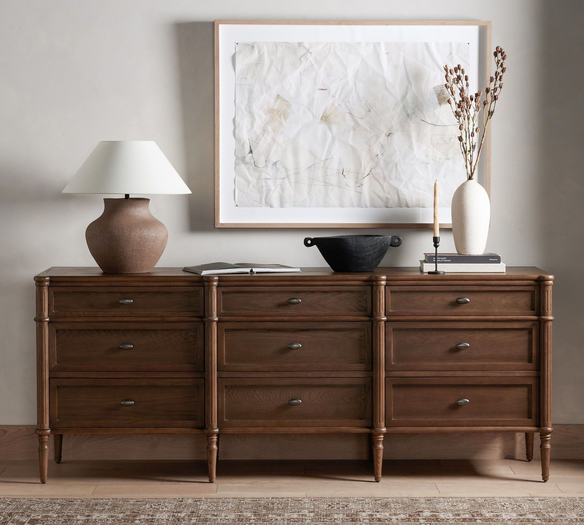 Dysta classic long dresser made of solid mahogany wood with wood carvings and walnut finish.