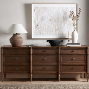 Dysta classic long dresser made of solid mahogany wood with wood carvings and walnut finish.