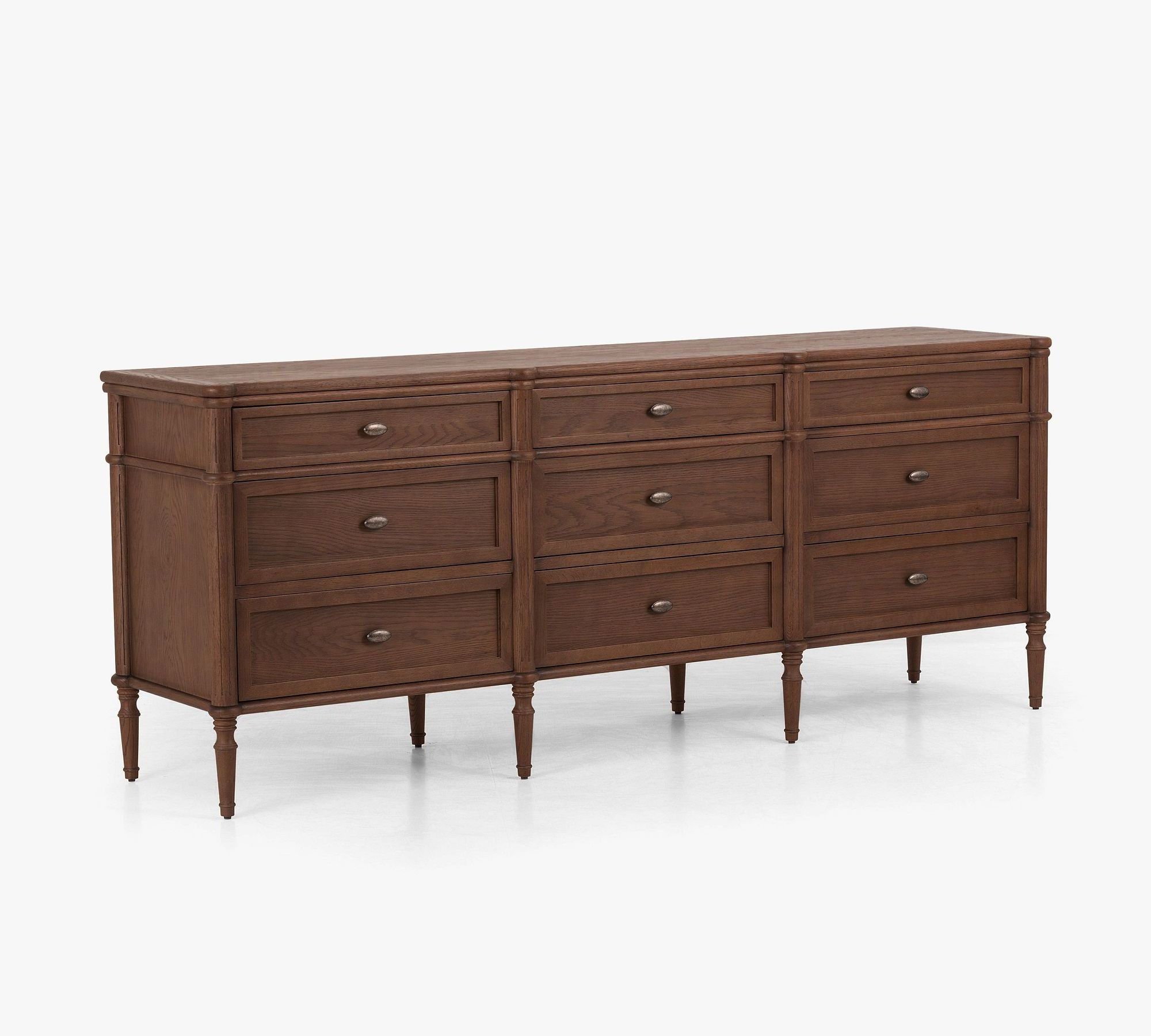 Dysta classic long dresser made of solid mahogany wood with wood carvings and walnut finish.