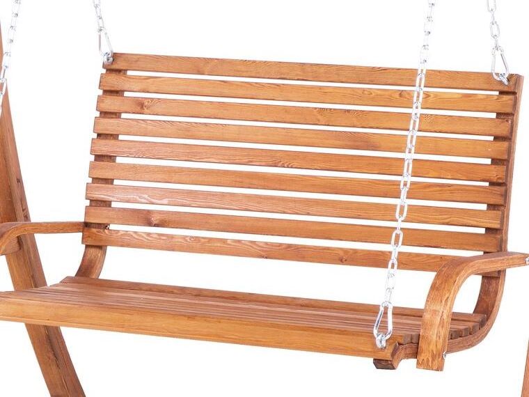 Heidy garden swing made of high quality solid teak wood with 2 seats with a shiny walnut finish.