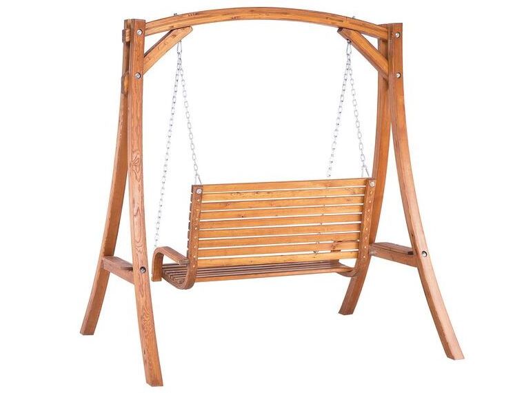 Heidy garden swing made of high quality solid teak wood with 2 seats with a shiny walnut finish.