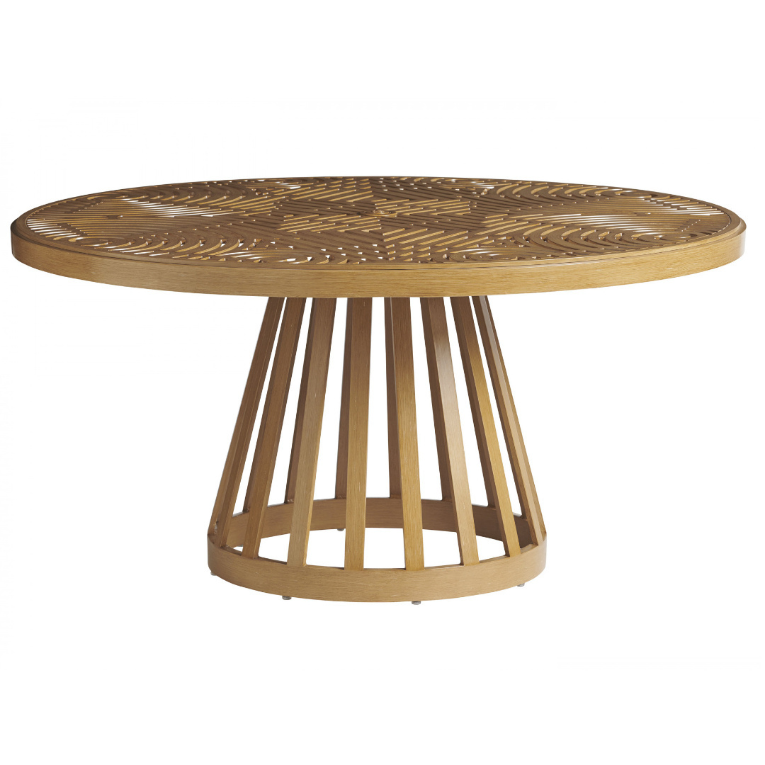 Jimmy solid wood round dining table with golden brown finish for outdoor and indoor.