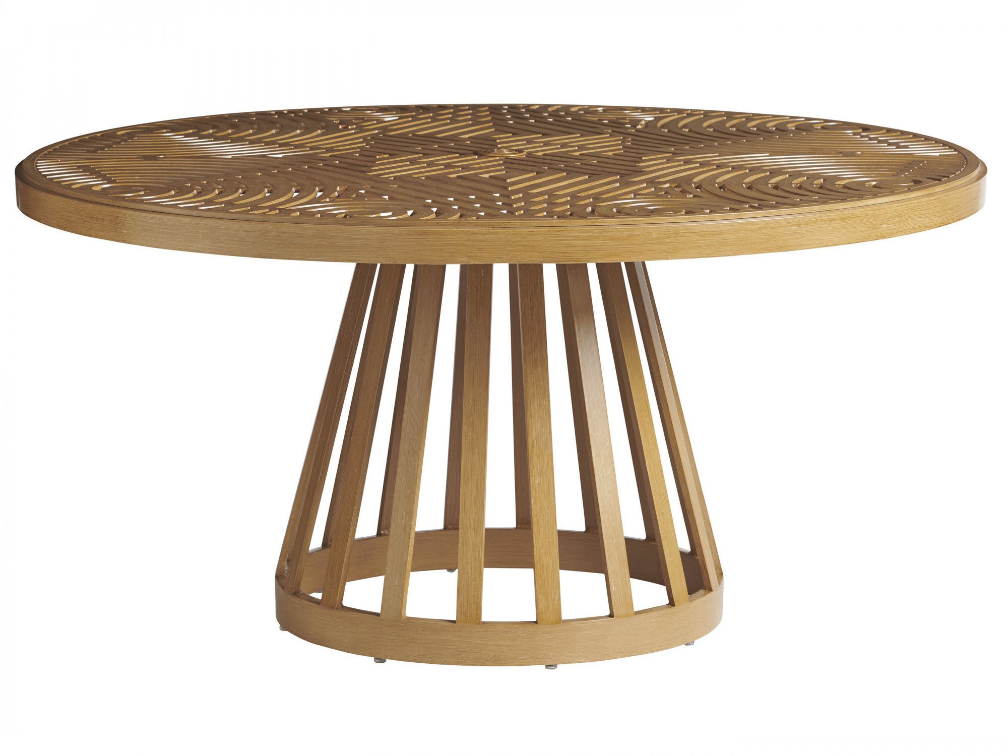 Jimmy solid wood round dining table with golden brown finish for outdoor and indoor.