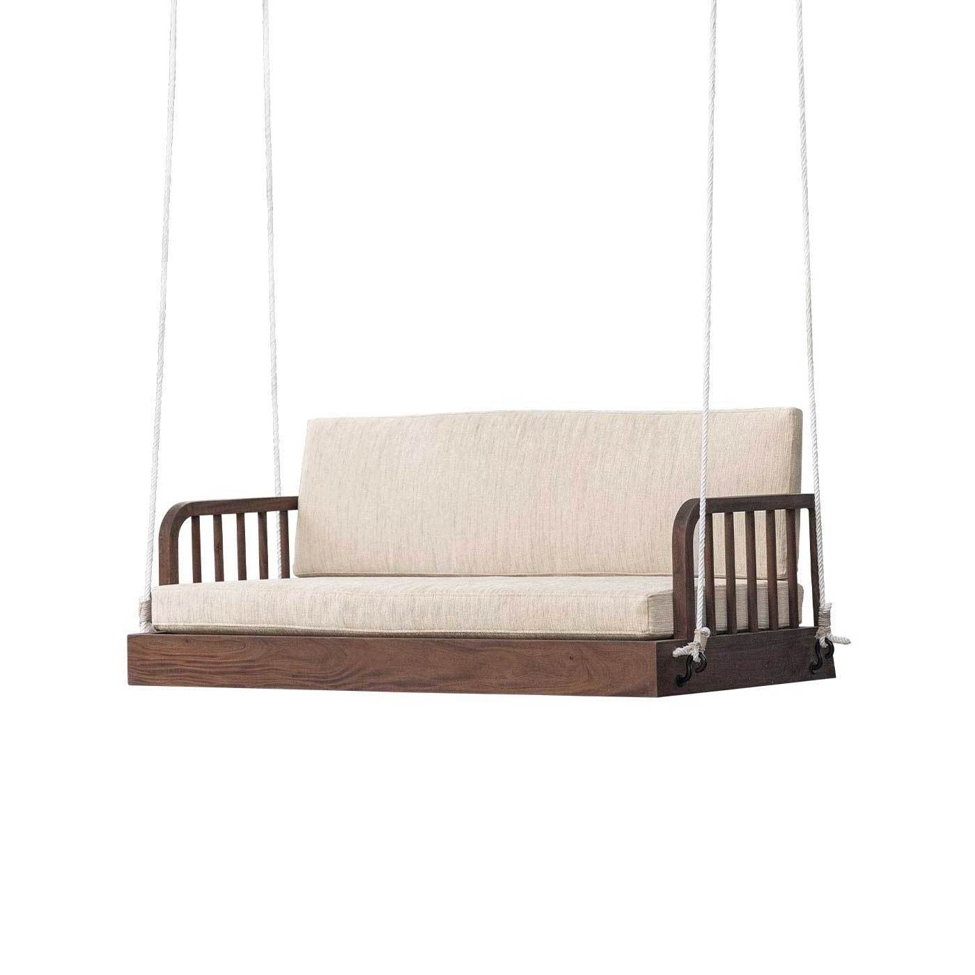 Magica solid wood swing with thick, waterproof padding and a dark brown finish.