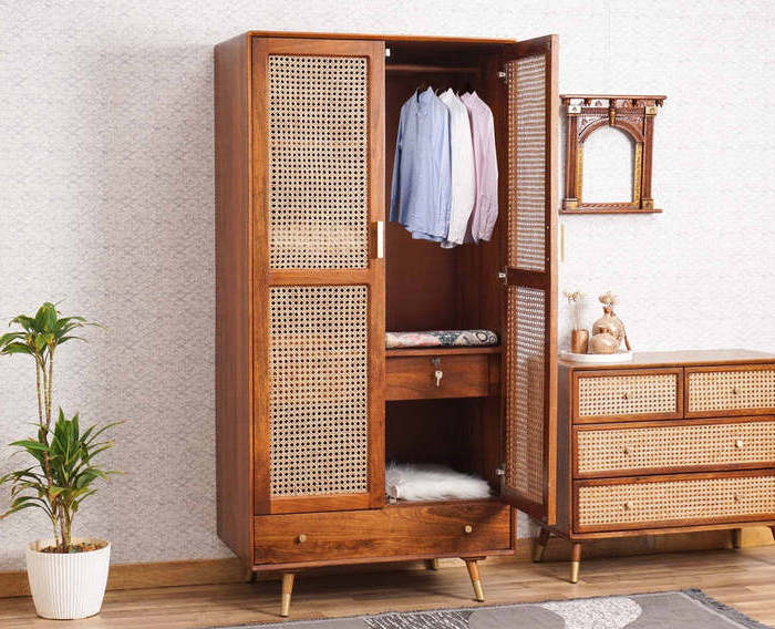 Boston solid teak wood wardrobe and woven rattan doors with bottom drawers and brown finish.