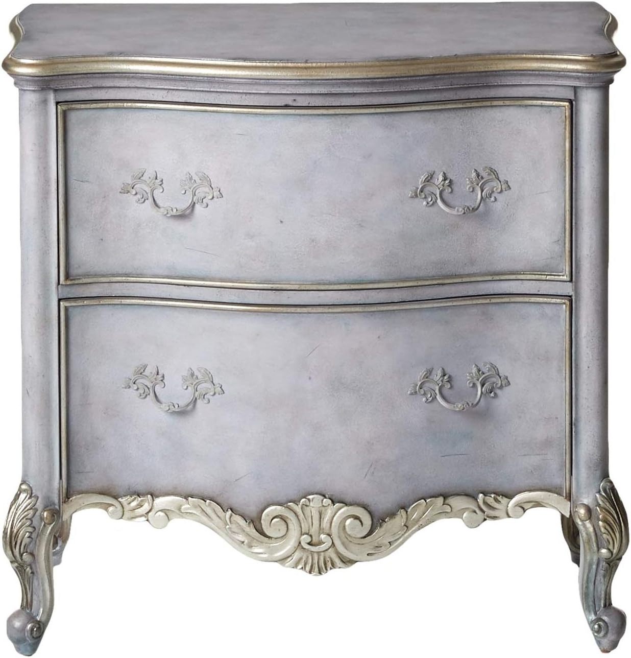 Ariana classic dresser made of solid mahogany wood with wood carvings and 2 drawers with a blue gray finish.