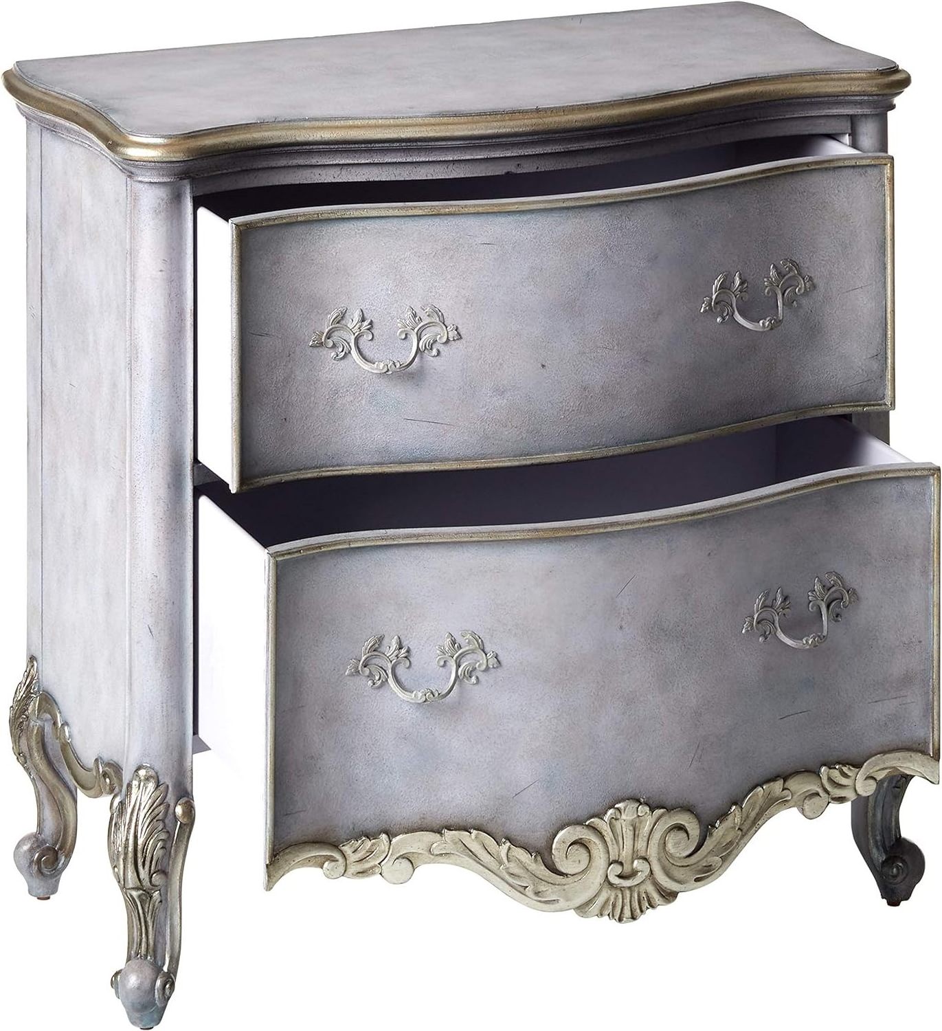 Ariana classic dresser made of solid mahogany wood with wood carvings and 2 drawers with a blue gray finish.