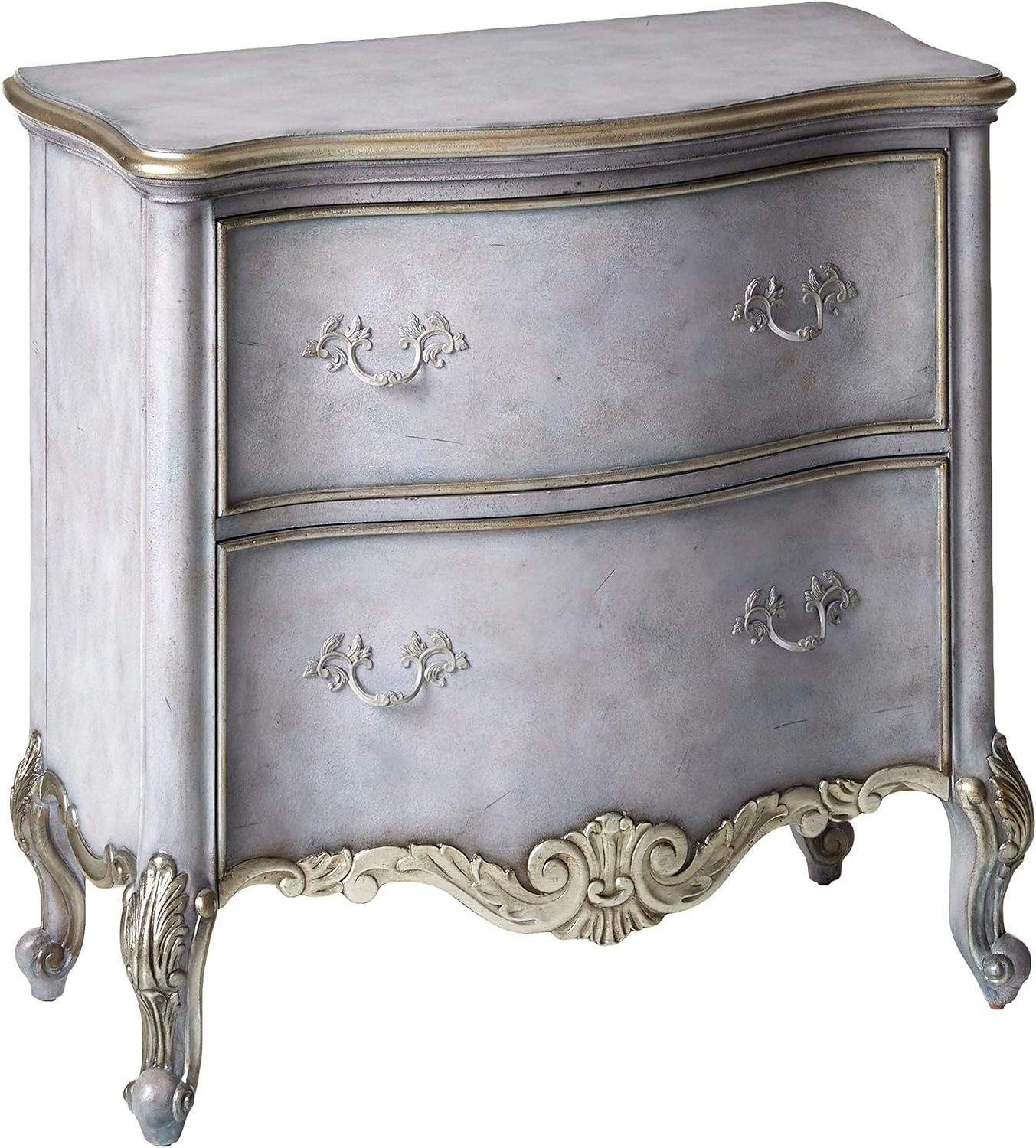 Ariana classic dresser made of solid mahogany wood with wood carvings and 2 drawers with a blue gray finish.