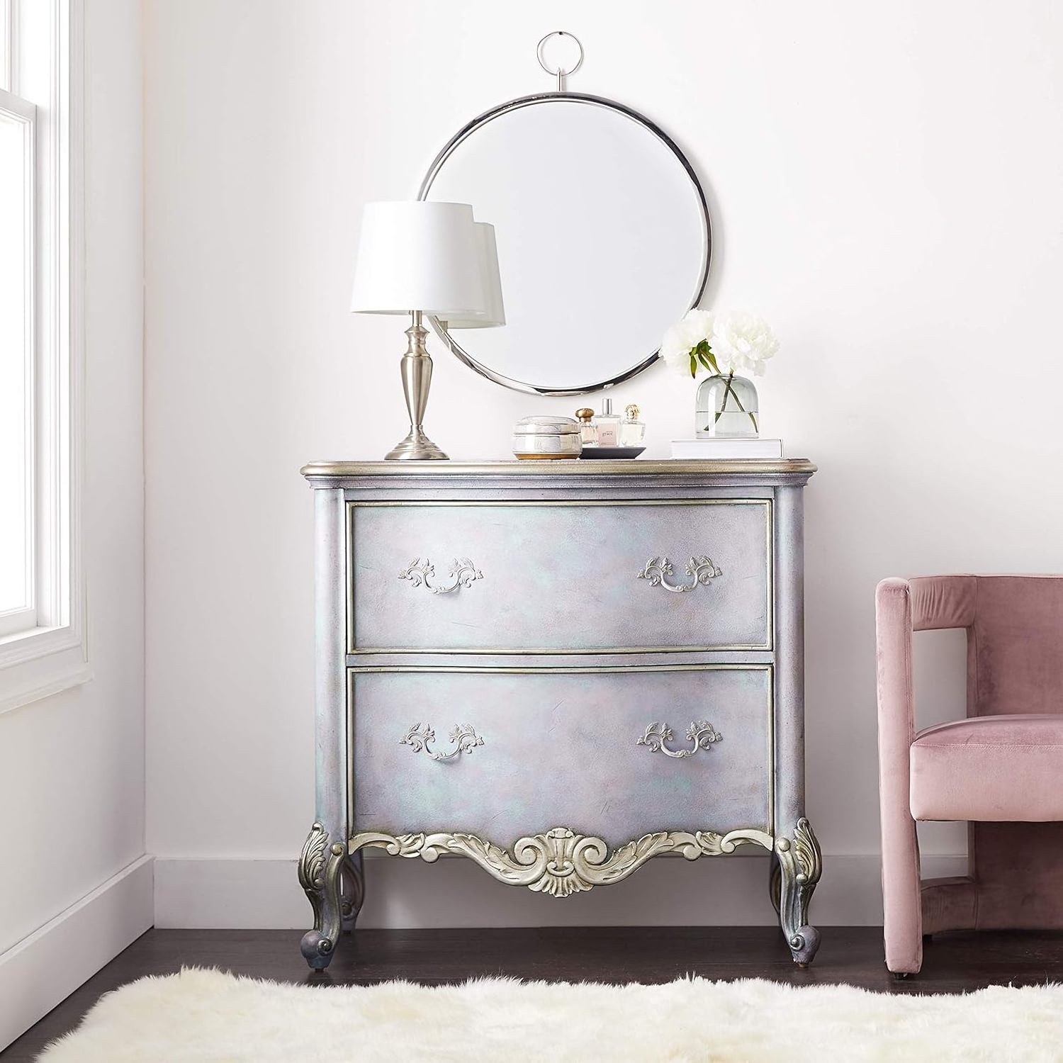 Ariana classic dresser made of solid mahogany wood with wood carvings and 2 drawers with a blue gray finish.